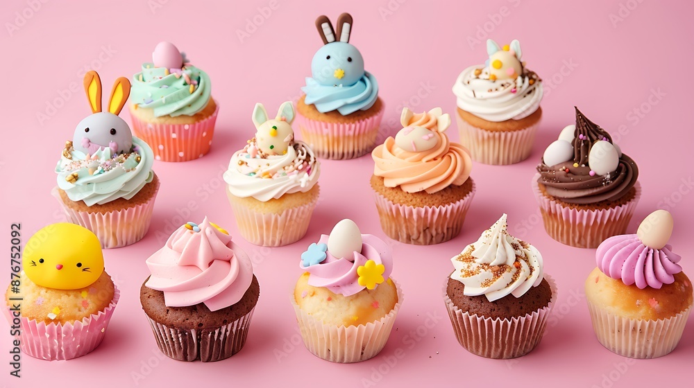 Set of various funny Easter cupcakes decorated for kids on pink background Set of various funny Easter cupcakes decorated for kids on pink background