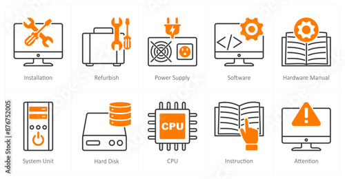 A set of 10 Computer Parts icons as installation, refurnish, power supply