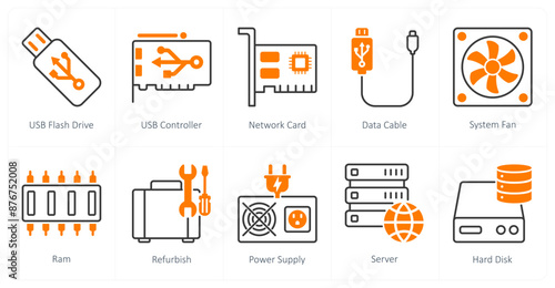 A set of 10 Computer Parts icons as usb flash drive, usb controller, network card