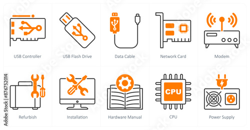 A set of 10 Computer Parts icons as usb controller, usb flash drive, data cable photo