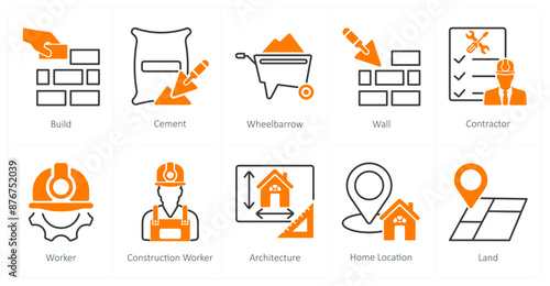 A set of 10 Construction icons as build, cement, wheel barrow