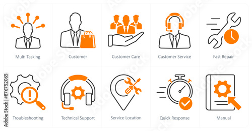 A set of 10 Customer Service icons as multi tasking, customer, customer care, customer service