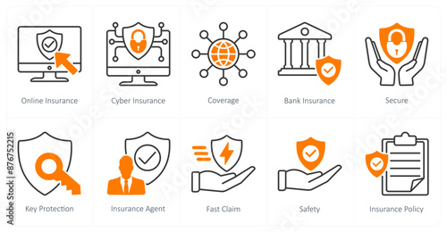 A set of 10 Insurance icons as online insurance, cyber insurance, coverage