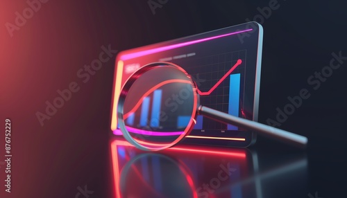 A magnifying glass sits in front of a glowing tablet. The tablet displays a graph with a red line trending upwards. The background is dark with a red glow around the tablet.
