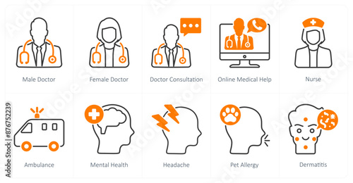 A set of 10 Medical icons as male doctor, female doctor, doctor consultation