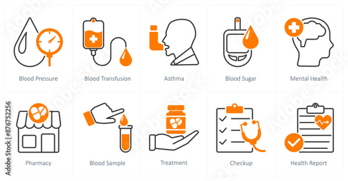 A set of 10 Medical icons as blood pressure, blood transfusion, asthma
