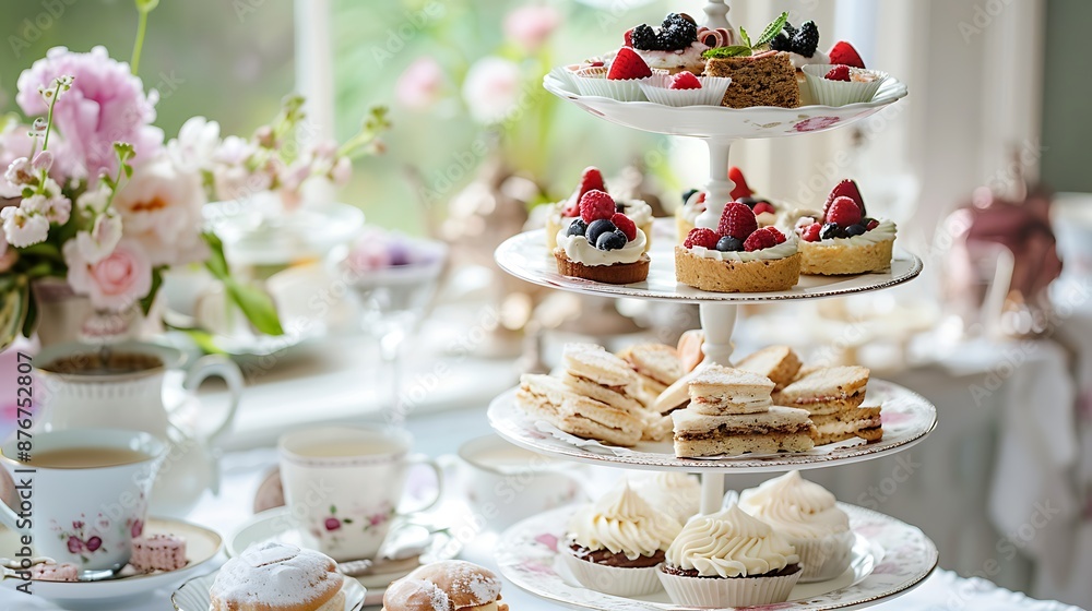Spring or summer dessert table three tiered tray with variety of desserts and sandwiches for tea Spring or summer dessert table three tiered tray with variety of desserts and sandwiches for tea