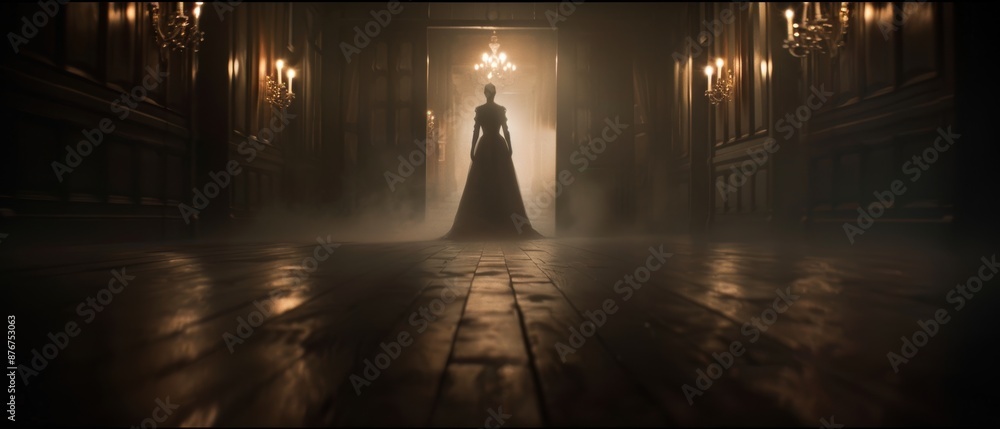 Silhouette of a mysterious figure in an elegant hallway illuminated by chandeliers, with a foggy and eerie atmosphere. Silhouette of a mysterious figure in an elegant hallway illuminated by chandeliers, with a foggy and eerie atmosphere.