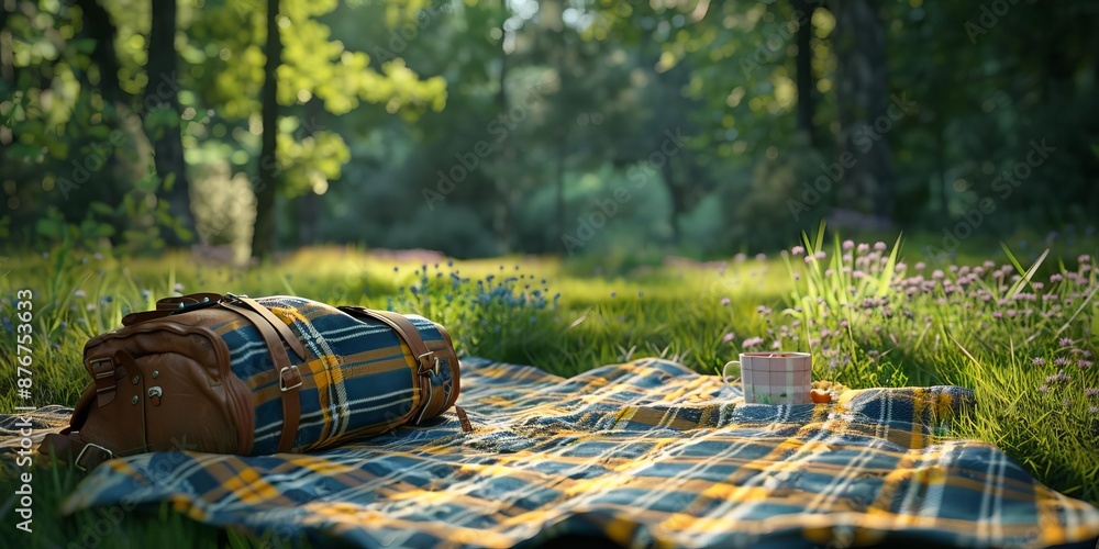 Fototapeta premium A picnic blanket forming a map, symbolizing the exploration and adventure of outdoor dining experiences on a cheerful green backdrop