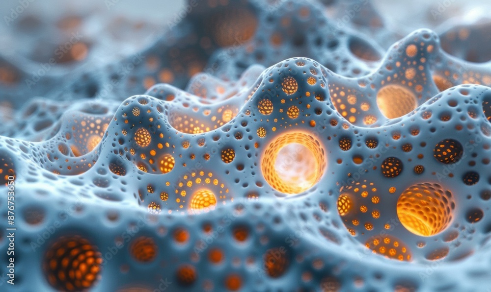 Close-up of a 3D rendering of a coral-like structure with glowing orange orbs inside. AI. Close-up of a 3D rendering of a coral-like structure with glowing orange orbs inside. AI.