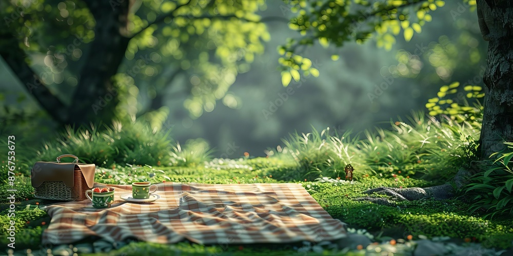 Obraz premium A picnic blanket forming a map, symbolizing the exploration and adventure of outdoor dining experiences on a cheerful green backdrop