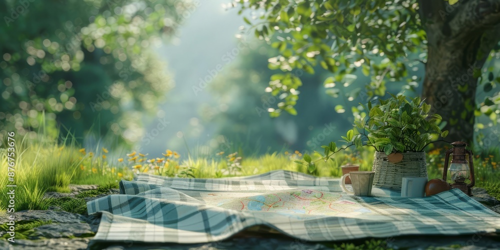 Fototapeta premium A picnic blanket forming a map, symbolizing the exploration and adventure of outdoor dining experiences on a cheerful green backdrop