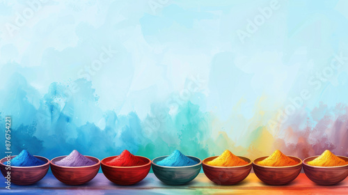 Vibrant watercolor illustration for Rang Panchami banner with colorful powder in bowls. photo