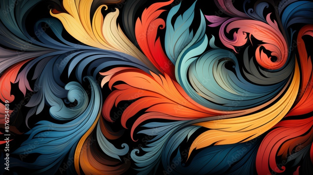 Modern flat illustration of stylized feather pattern with bold hues and intricate design. Modern flat illustration of stylized feather pattern with bold hues and intricate design.