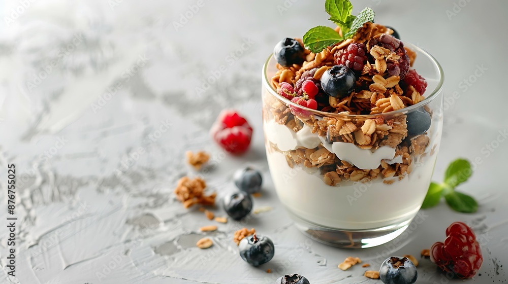 Tasty granola with yogurt and berries served for breakfast on light table Tasty granola with yogurt and berries served for breakfast on light table