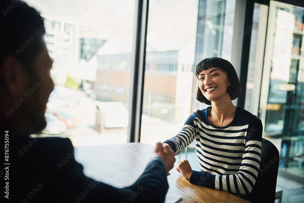 Shaking hands, deal and business woman in office for b2b partnership, agreement or recruitment. Smile, meeting and Asian female hr manager with hiring candidate for job interview greeting handshake. Shaking hands, deal and business woman in office for b2b partnership, agreement or recruitment. Smile, meeting and Asian female hr manager with hiring candidate for job interview greeting handshake.