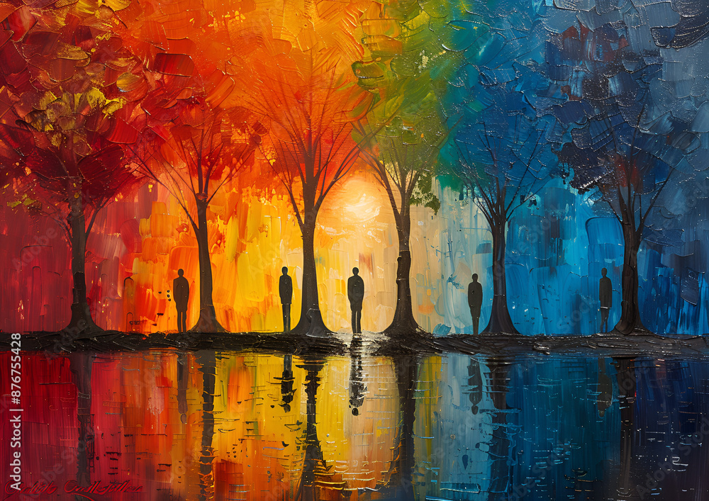 Fototapeta premium Painting of a row of trees with colorful leaves 