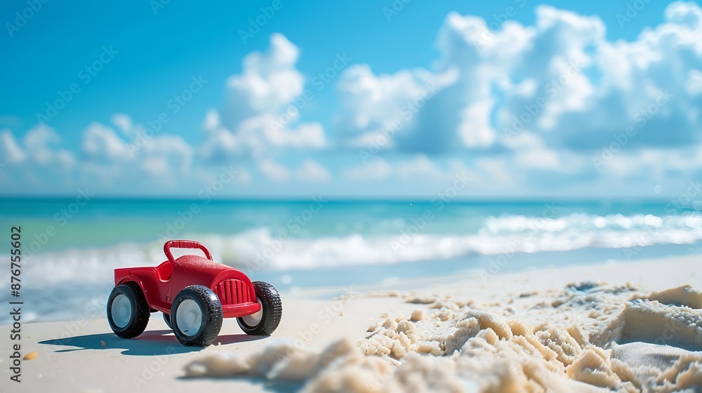 Toy against scenic of summer sand beach and cloudy blue sky landscape of the sea Toy against scenic of summer sand beach and cloudy blue sky landscape of the sea