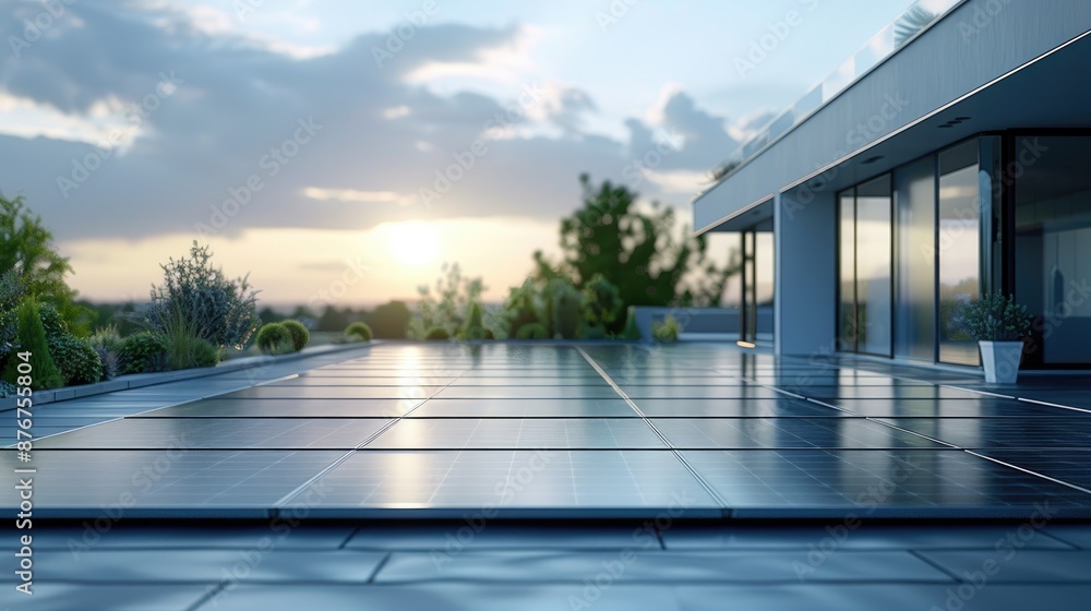 A row of solar panels installed on a rooftop, harnessing solar energy on a sunny day, representing sustainable energy. A row of solar panels installed on a rooftop, harnessing solar energy on a sunny day, representing sustainable energy.
