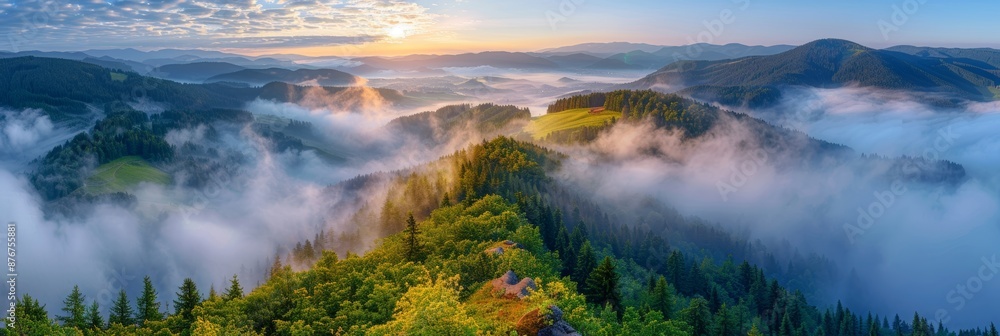 Naklejka premium Mountains in clouds at sunrise in summer. Aerial view of mountain peak with green trees in fog. Beautiful landscape with high rocks. forest. sky. Top view from drone of mountain valley in low clouds