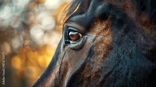 Detailed close-up of a horse head with sunlight.