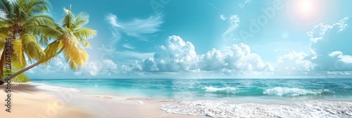 Palm tree on tropical beach with blue sky and white clouds abstract background. Copy space of summer vacation and business travel concept. Vintage tone filter effect color style.