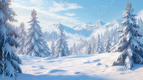 A Snowy Landscape with Pine Trees and a Soft Blanket of Snow