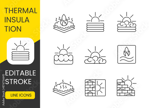 Thermal insulation foam set vector line icons with editable stroke
