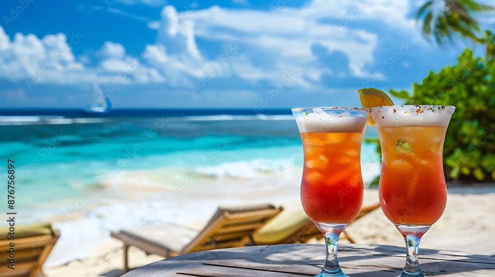 Two glasses with cocktails on table near beach bench or deck chair with blue ocean and white sand on background Two glasses with cocktails on table near beach bench or deck chair with blue ocean and white sand on background