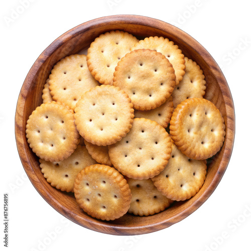 Round salted crackers in wooden bowl top view isolated on transparent background