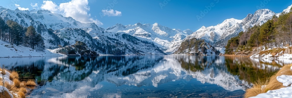 Snowy Pyrenees Mountains Reflected in Baciver Lake, Val d'Aran, Catalonia, Spain: Serene Beauty of Nature's Mirro Snowy Pyrenees Mountains Reflected in Baciver Lake, Val d'Aran, Catalonia, Spain: Serene Beauty of Nature's Mirro