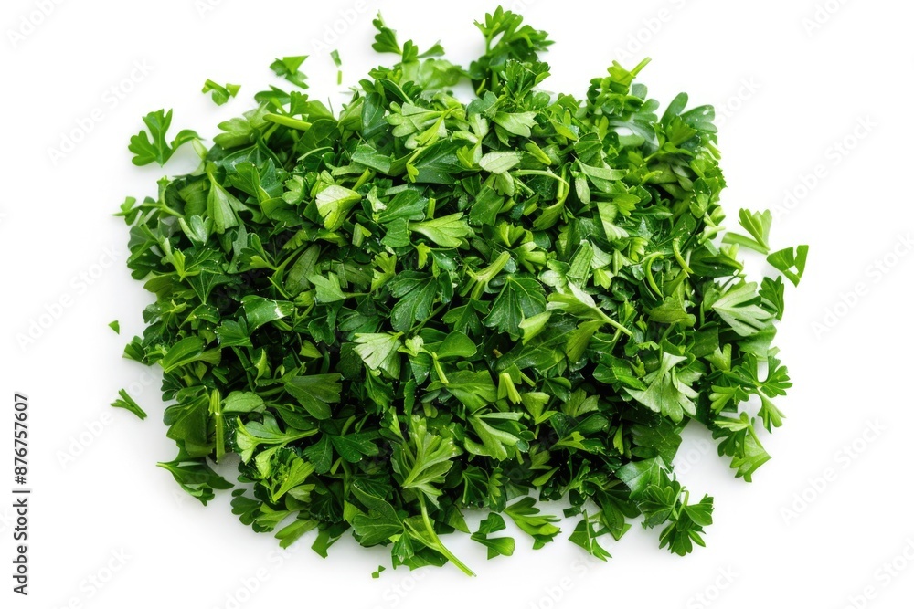 A fresh and green parsley bunch placed on a white surface, great for food styling or as a garnish A fresh and green parsley bunch placed on a white surface, great for food styling or as a garnish