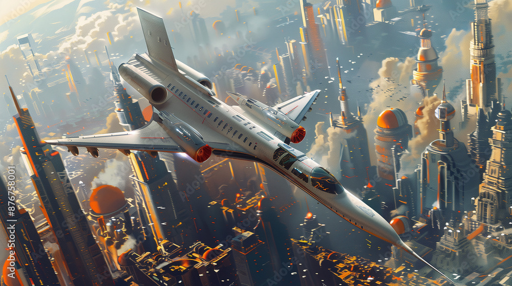 Naklejka premium A sleek, futuristic airplane flying over a bustling, futuristic city with towering skyscrapers