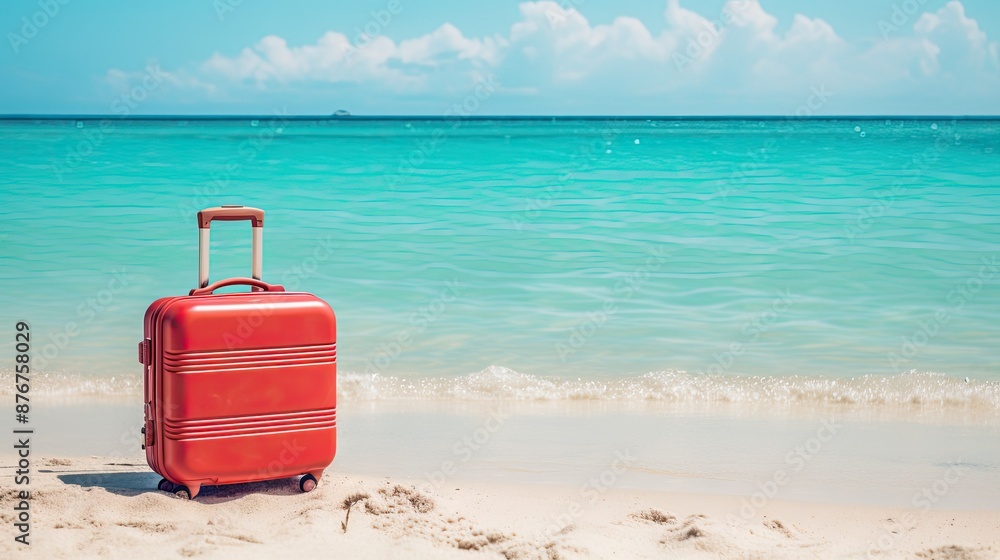 Red suitcase on a beach. perfect for travel brochures, vacation ads, or digital nomad websites. Calm, sunny, vacation vibes. Red suitcase on a beach. perfect for travel brochures, vacation ads, or digital nomad websites. Calm, sunny, vacation vibes.