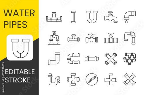 Water pipes set vector line icons with editable stroke