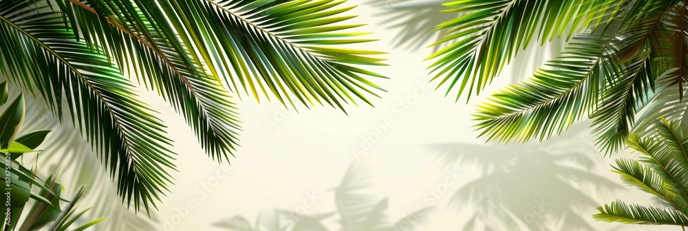 Summer green leaves of coconut palm and shadow. Free space for your decoration and gray background. Summer green leaves of coconut palm and shadow. Free space for your decoration and gray background.