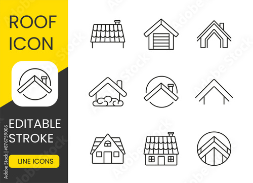 Roof vector line icon set with editable stroke