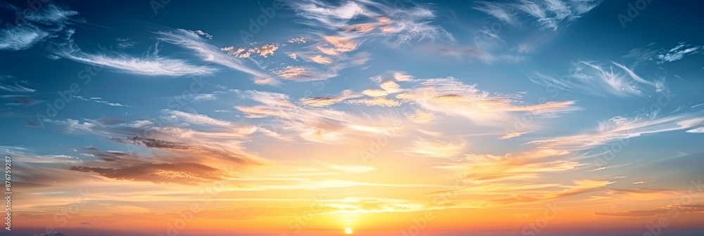 Fototapeta premium Vertical morning sunrise sky with fluffy clouds, featuring blue and orange hues on the horizon, ideal for a summer-themed background.