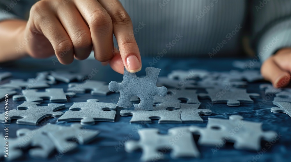 A person working on a jigsaw puzzle with individual pieces being placed together A person working on a jigsaw puzzle with individual pieces being placed together