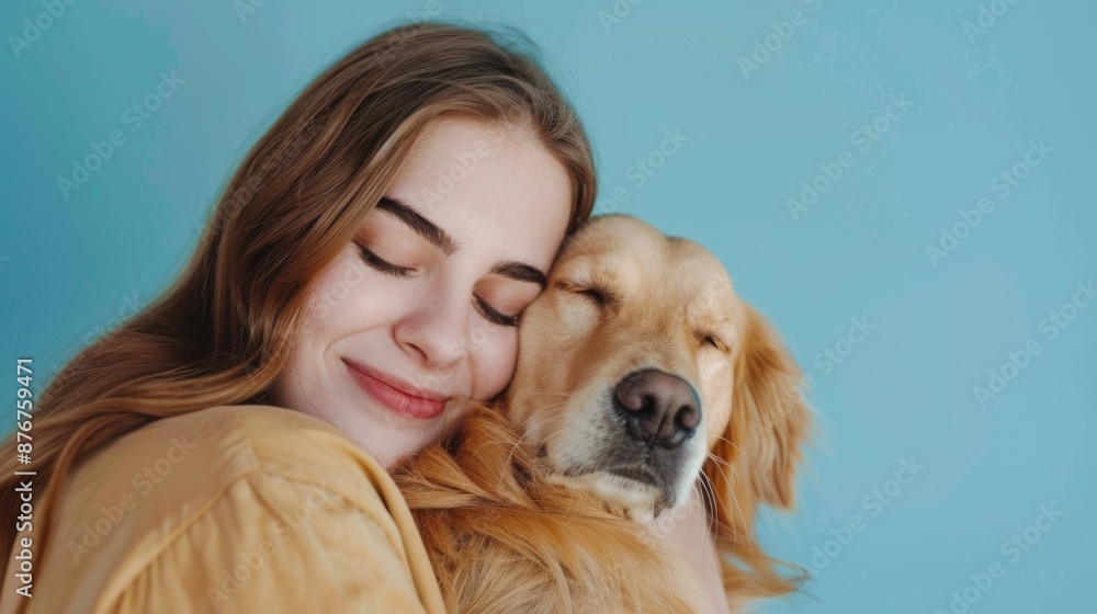 A woman is hugging a dog while having her eyes closed, conveying a sense of affection and trust A woman is hugging a dog while having her eyes closed, conveying a sense of affection and trust