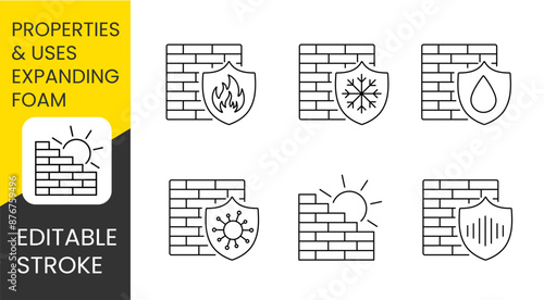 Properties of polyurethane foam on walls set of vector line icons with editable stroke