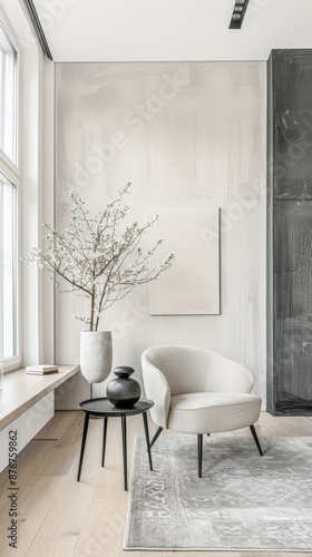 Interiors designer composition in a luxury minimalist property with minimal furniture, copy space and neutral colors.