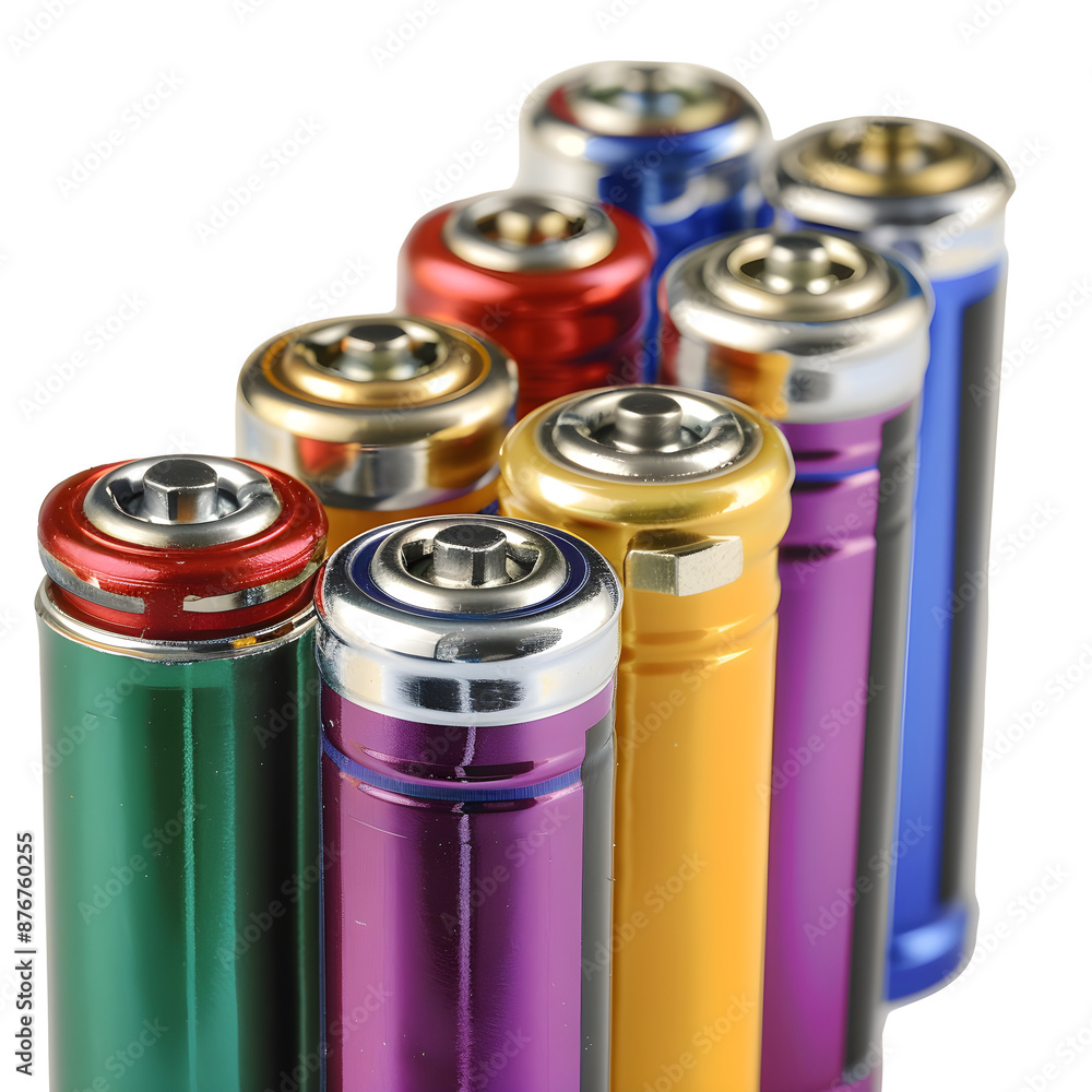 Close-up Image of Variously Colored Batteries in a Row Representing Different Stages of Energy Levels Close-up Image of Variously Colored Batteries in a Row Representing Different Stages of Energy Levels