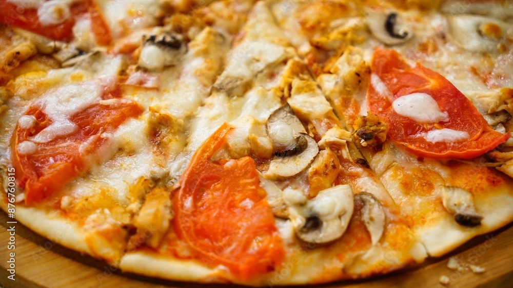 Close-Up of Chicken, Mushroom, and Tomato Pizza Close-Up of Chicken, Mushroom, and Tomato Pizza
