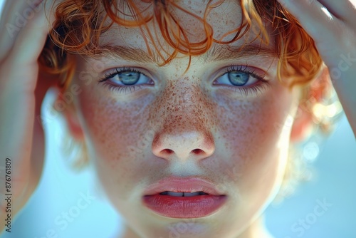 Close-up portrait of a young person with blue eyes and red hair, showing a pensive expression and freckles in natural light. photo