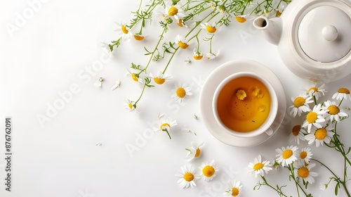 White chamomiles, cup of tea on white background. Herbal tea of chamomile flower. Chamomile tea concept. Flat lay, top view, copy space