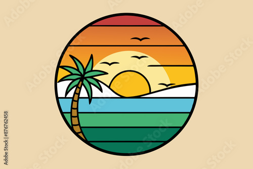A sunset at the Beach design for t shirt, vector art illustration photo
