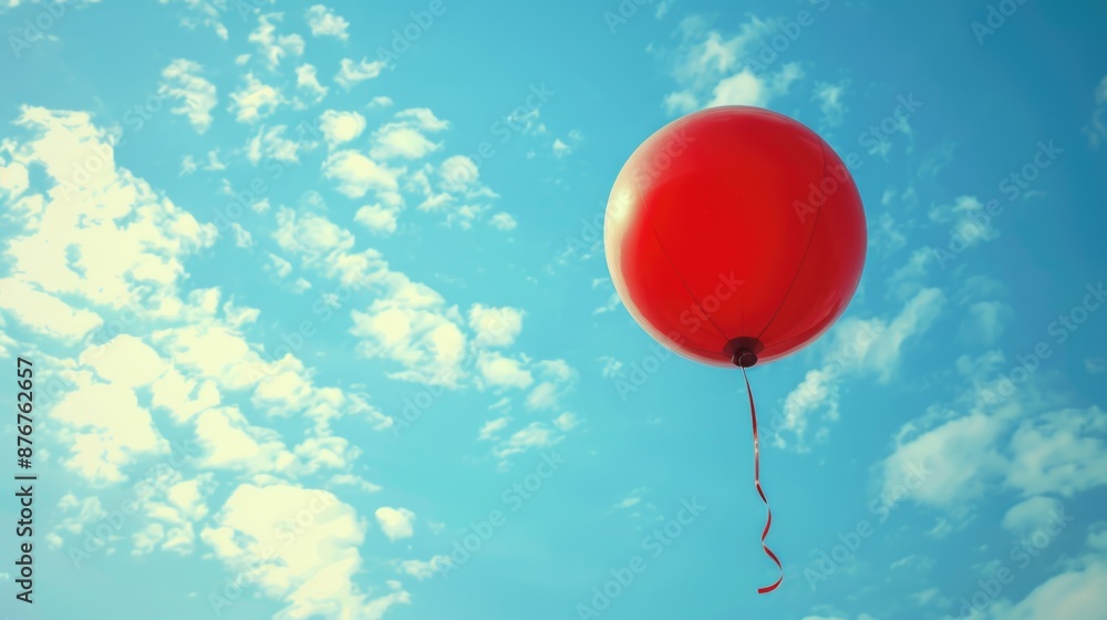 Obraz premium A lone red balloon floats through the air, surrounded by a clear blue sky