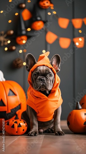 Dog in a spooky JackoLantern costume, Halloween night, Halloween dog costume, festive celebration