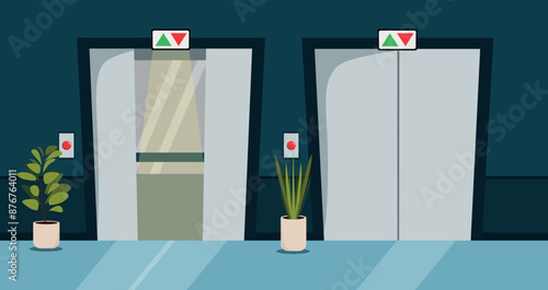Vector illustration of a beautiful room with elevators. Cartoon scene of modern elevators: open with stirrup light and closed, red buttons, pots with plants. Lifting and lowering people and cargo.